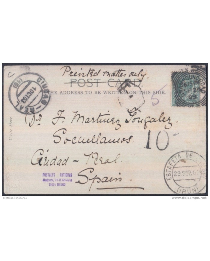 F-EX.1761 UK PLUM GARDEN CREEK, RIVER FAL POSTCARD TO SPAIN POSTAGE DUE. 1903
